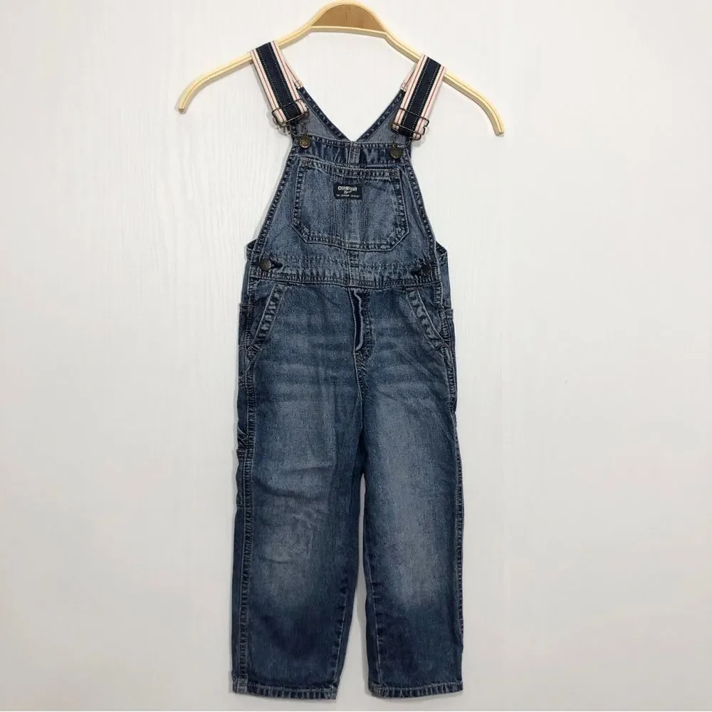 Osh Kosh B’Gosh Denim Overalls Boys 4 Red White Blue Striped Straps USA